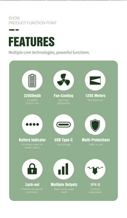 Long-Range 1200m LED Flashlight with Cooling Fan