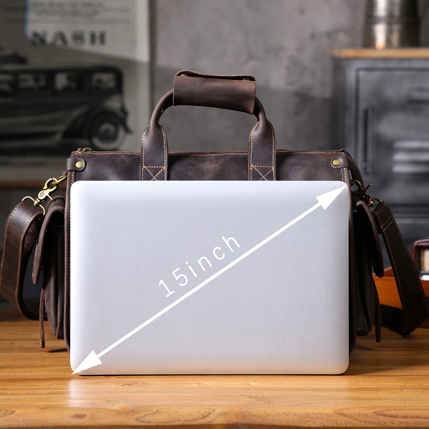 Vintage Cowhide Leather 15” Laptop Messenger Briefcase
