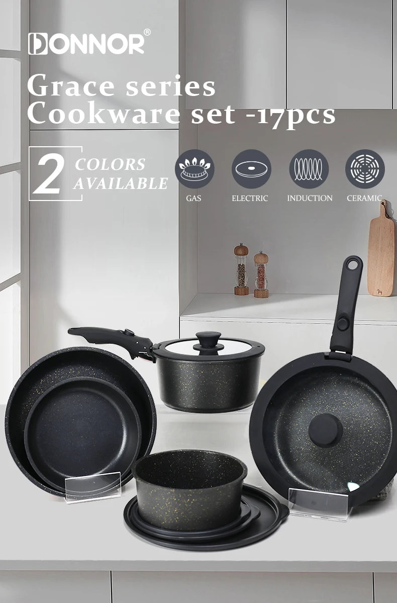 17 Piece Non Stick Cookware Set Removable Handle