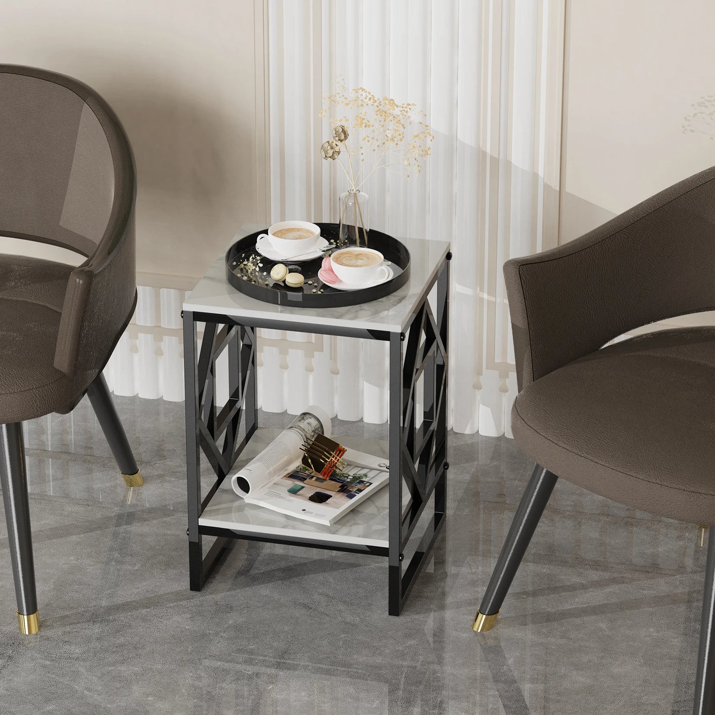 Modern White Marble Side Table with Durable Black Frame