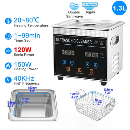 1.3L Ultrasonic Cleaner with 120W Heating Function