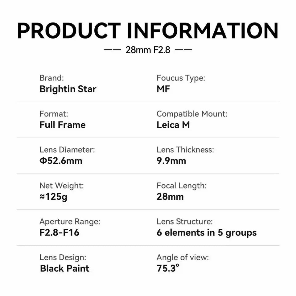 28mm F2.8 Full Frame Manual Focus Lens for Leica M