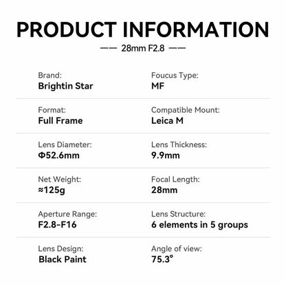 28mm F2.8 Full Frame Manual Focus Lens for Leica M