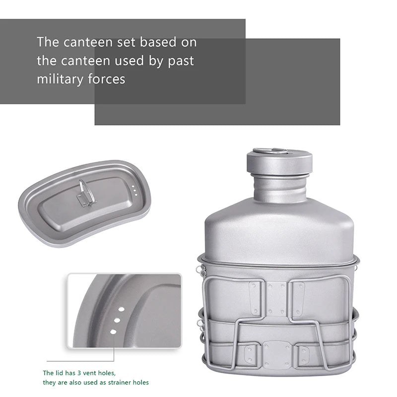Titanium Camping Cookware Set 1100ml Bottle 750ml Pot 400ml Bowl