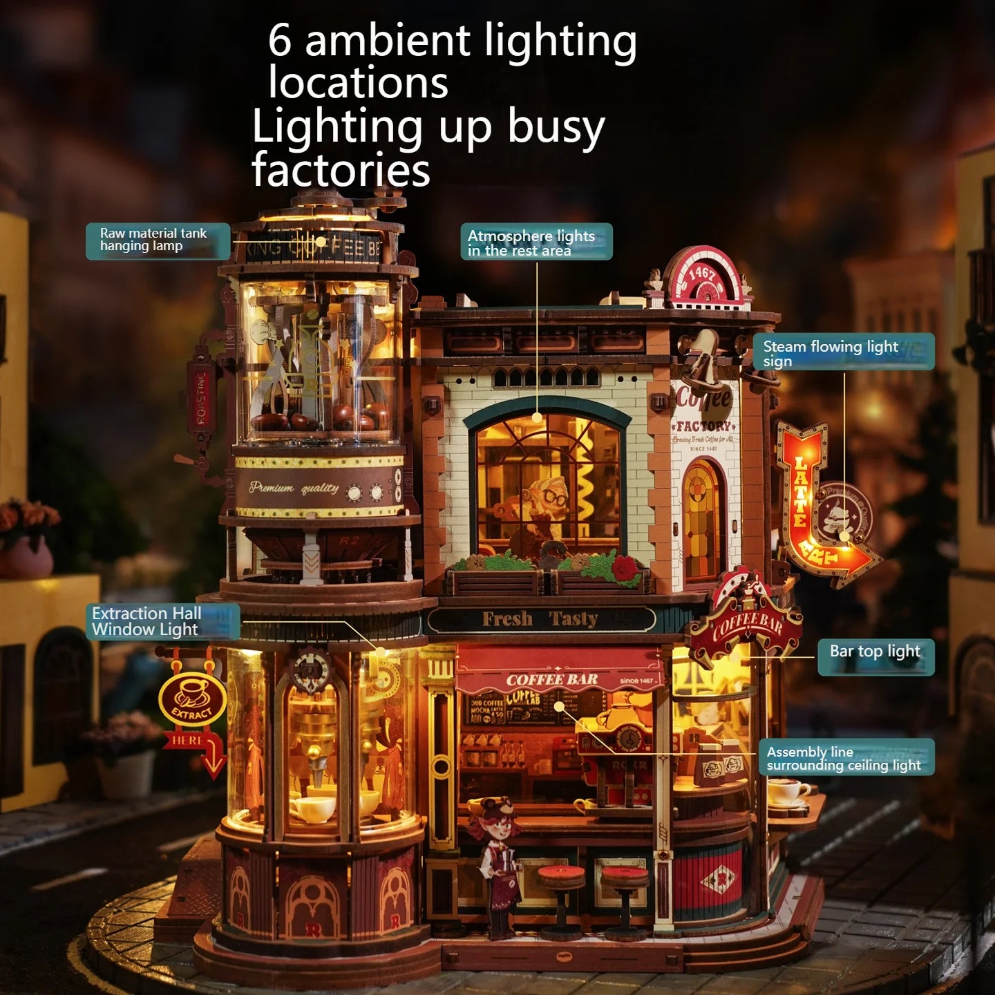 3D Wooden Coffee Factory Puzzle Kit with LED & Music