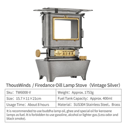 Retro Silver Outdoor Lantern Oil Lamp Stove for Camping & Hiking