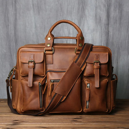 Retro Brown Leather Laptop Bag Large Capacity