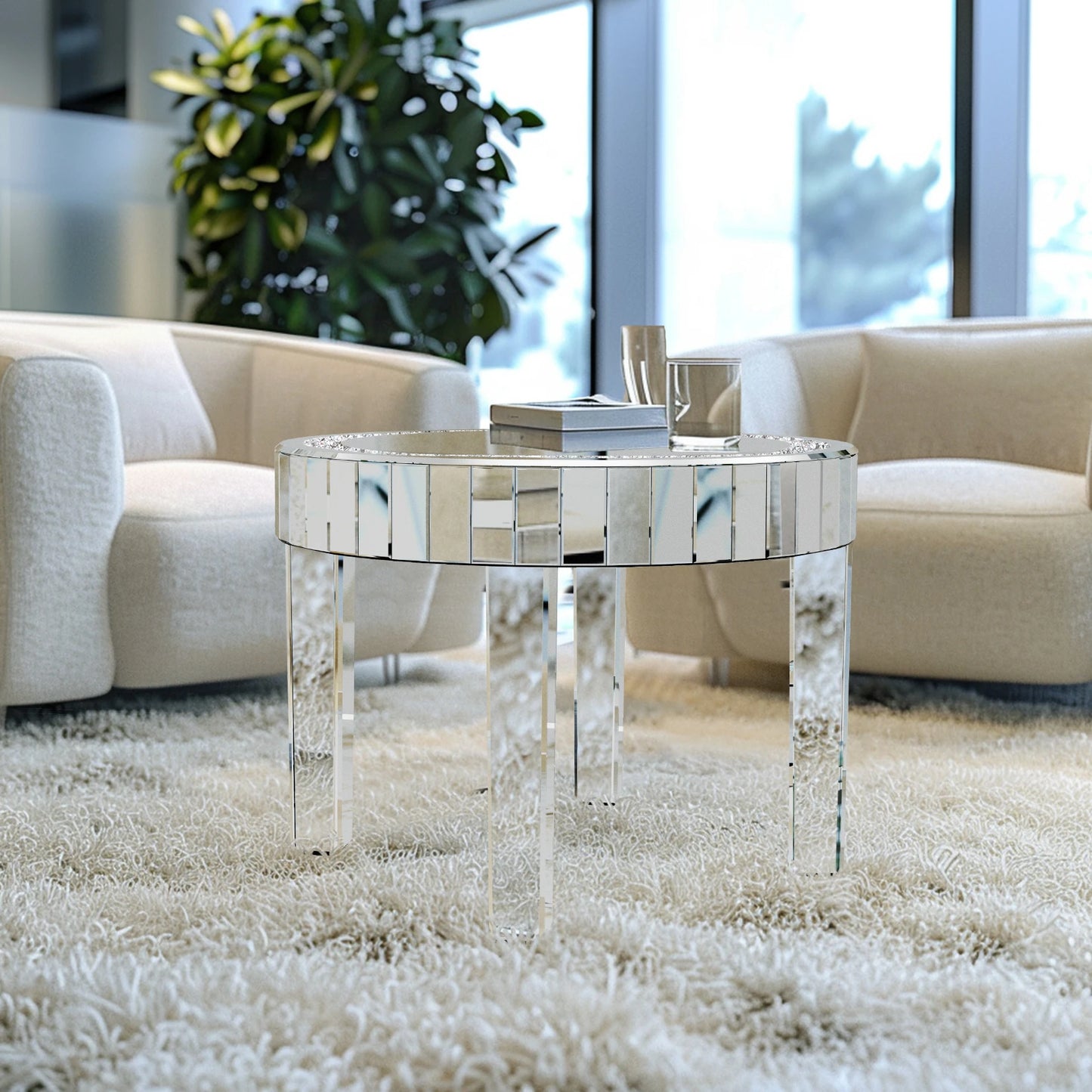 Round Mirrored Bedside Table Crystal Diamond Accent Side Table