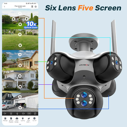 30MP 6 Lens WiFi PTZ Security Camera 10X Zoom