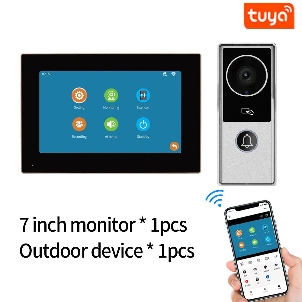 Wireless Video Doorbell 7" Monitor Smart Home Intercom Kit