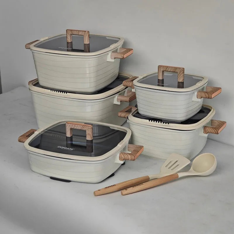 15 Piece Non-Stick Cookware Set Square Pots Frying Pan White