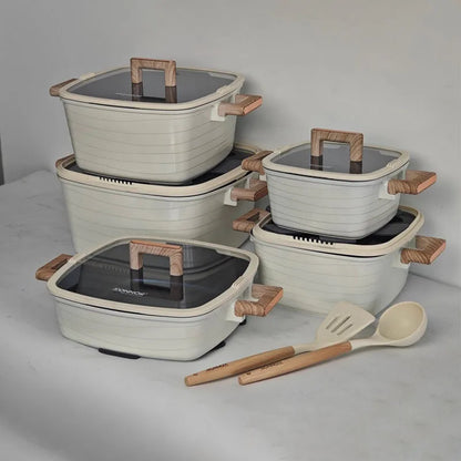 15 Piece Non-Stick Cookware Set Square Pots Frying Pan White
