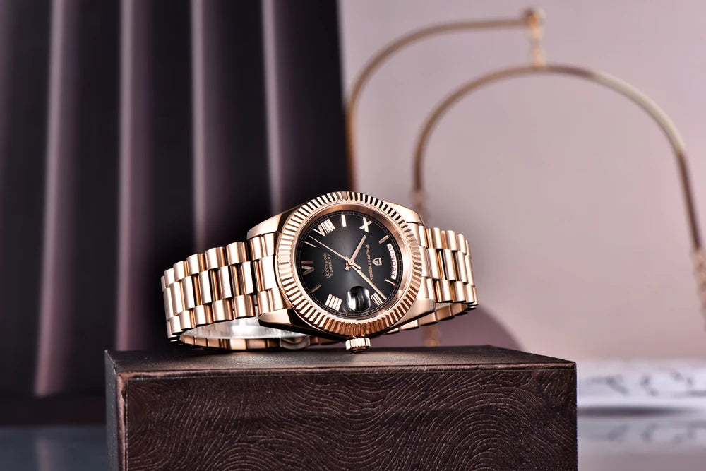 Luxury Mechanical Wristwatch Mens Rose Gold Brown