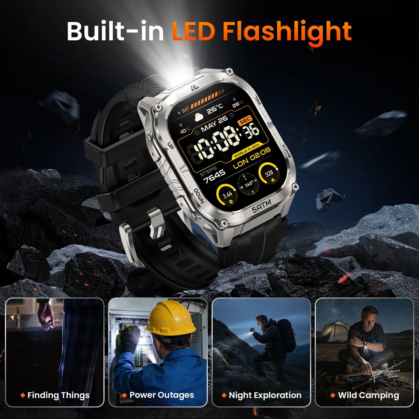 Rugged Smartwatch Black GPS Flashlight 50M Waterproof
