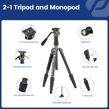 Compact Video Tripod 59 Inch Carbon Fiber Fluid Head
