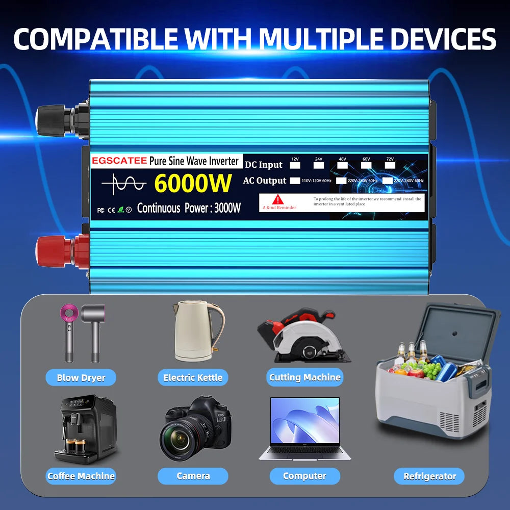 12V to 240V Pure Sine Wave Power Inverter 6000W