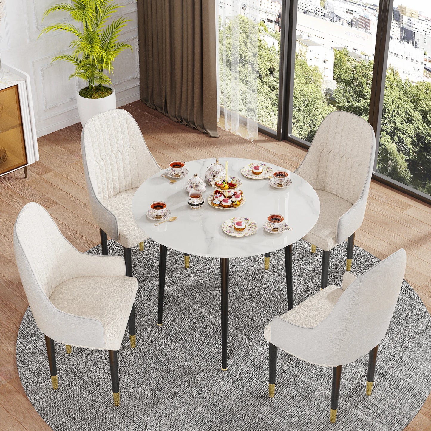 32" Round Kitchen Dining Table Sintered Stone Metal Base White