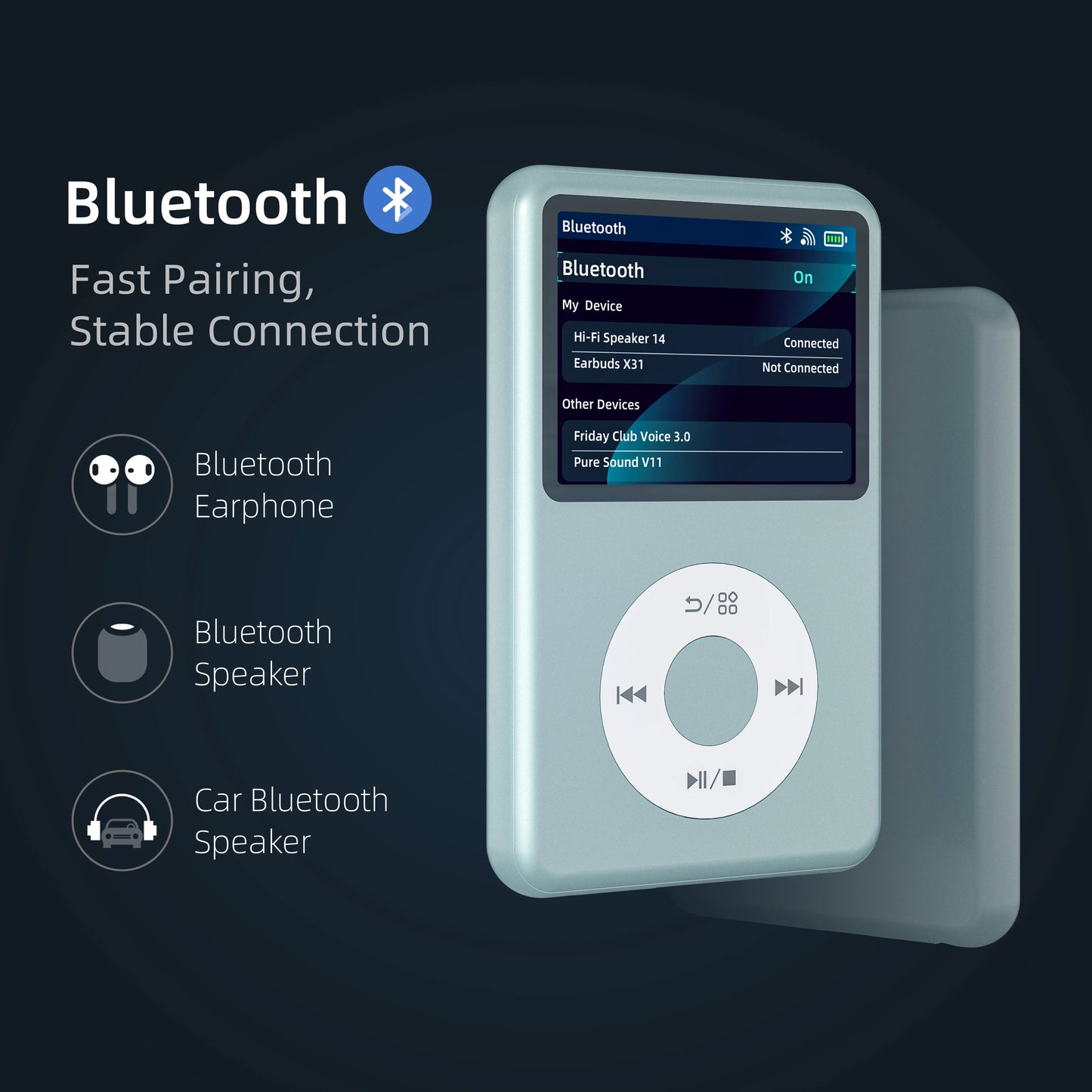 HiFi MP3 Player with Bluetooth Video FM Radio 128GB Storage Pale Green