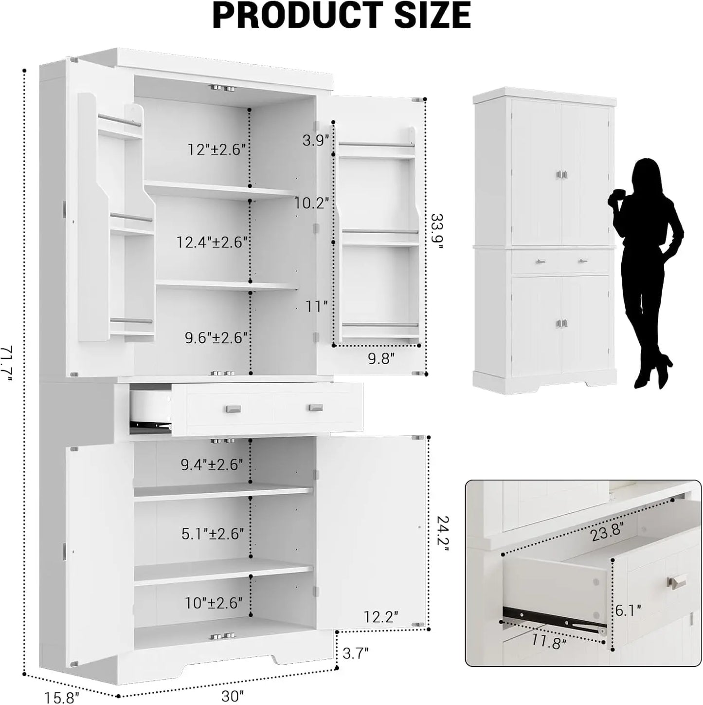 White 72" Kitchen Pantry Storage Cabinet 6 Shelves