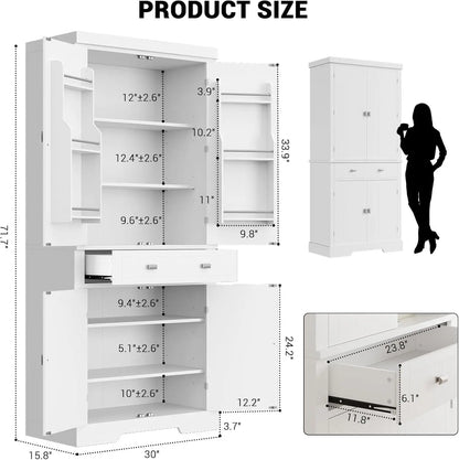 White 72" Kitchen Pantry Storage Cabinet 6 Shelves