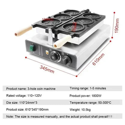 Electric 3-Grid Gold Coin Waffle Maker 220V