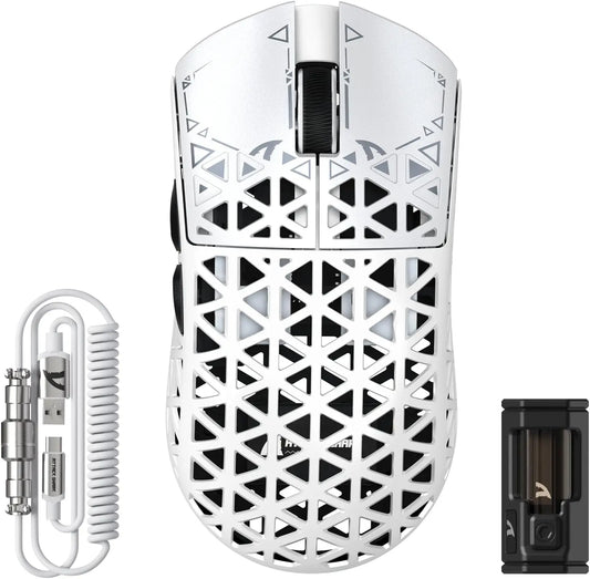 White TriMode Gaming Mouse Carbon Fiber Sensor 8000Hz