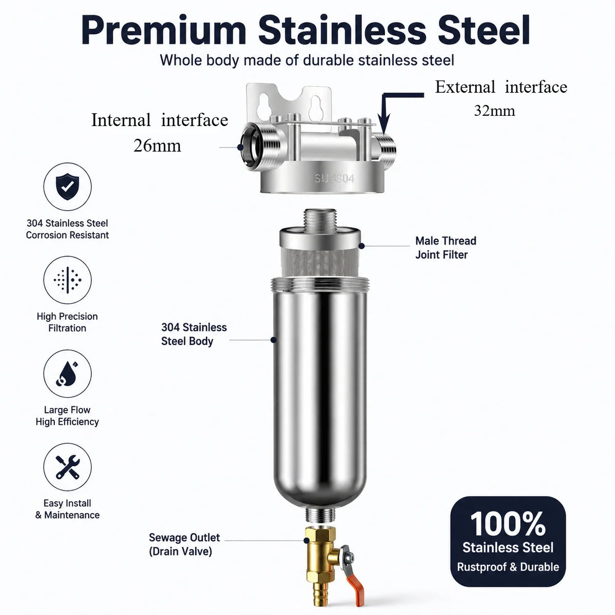 Whole House Water Filter 304 Stainless Steel Backwash System