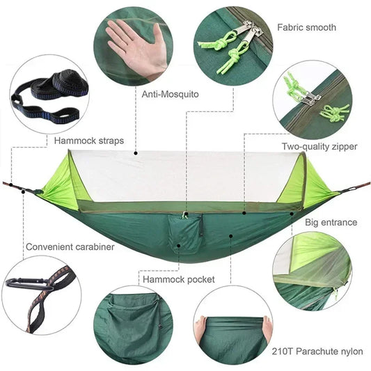 Camo Green Camping Hammock with Mosquito Net and Rain Fly