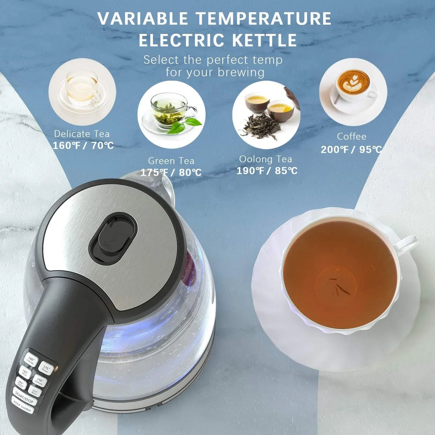 2.0L Electric Glass Kettle Matte White with Temp Control