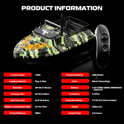 Rechargeable RC Fishing Bait Boat 18000mAh with 6 Hour Runtime