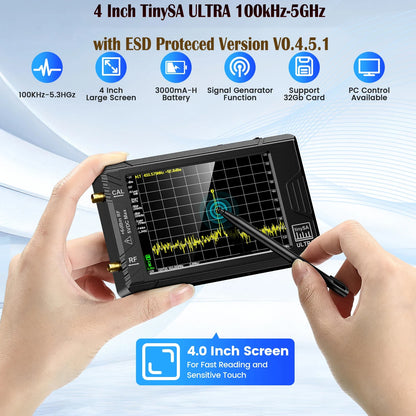 Portable TinySA Ultra Spectrum Analyzer 4" LCD Rechargeable