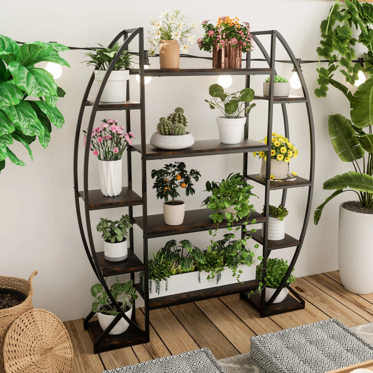 5-Tier Metal and Wood Plant Display Shelf