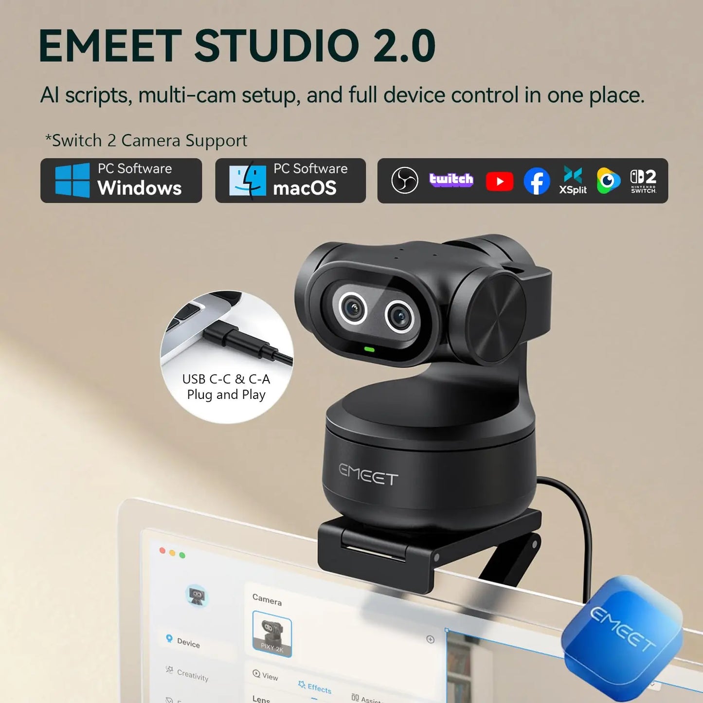 2K AI Tracking Webcam 1080P 60FPS Autofocus PTZ Camera