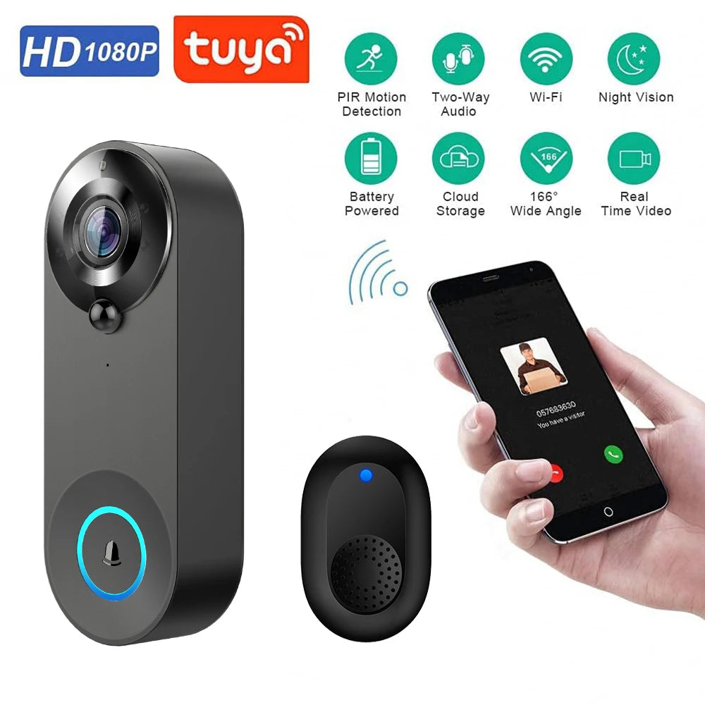 Wireless 1080P Black Doorbell Camera with 64GB Storage