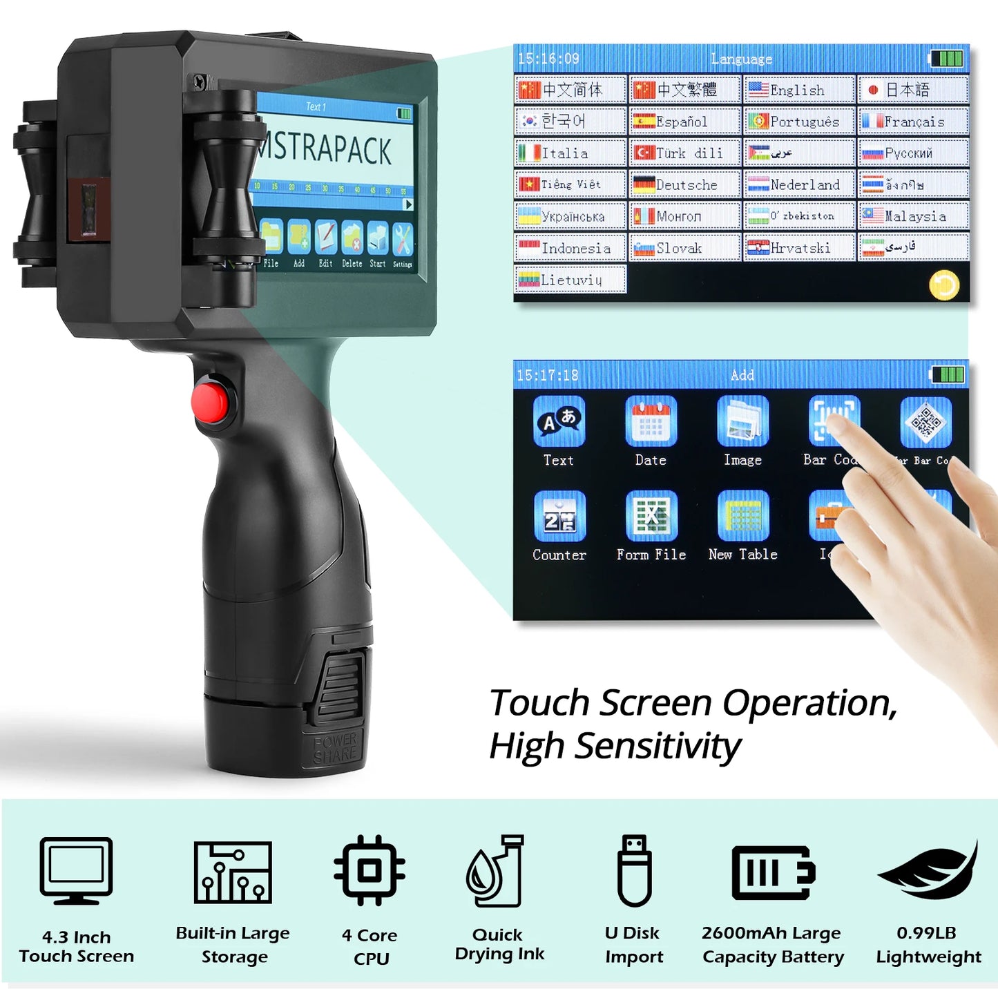 Portable 12.7mm Handheld Inkjet Printer 2 Cartridges