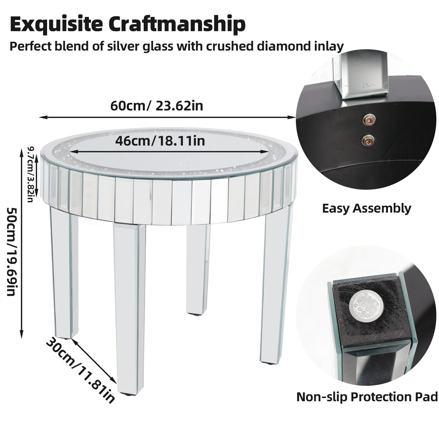 Round Mirrored Bedside Table Crystal Diamond Accent Side Table