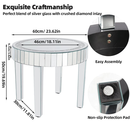 Round Mirrored Bedside Table Crystal Diamond Accent Side Table