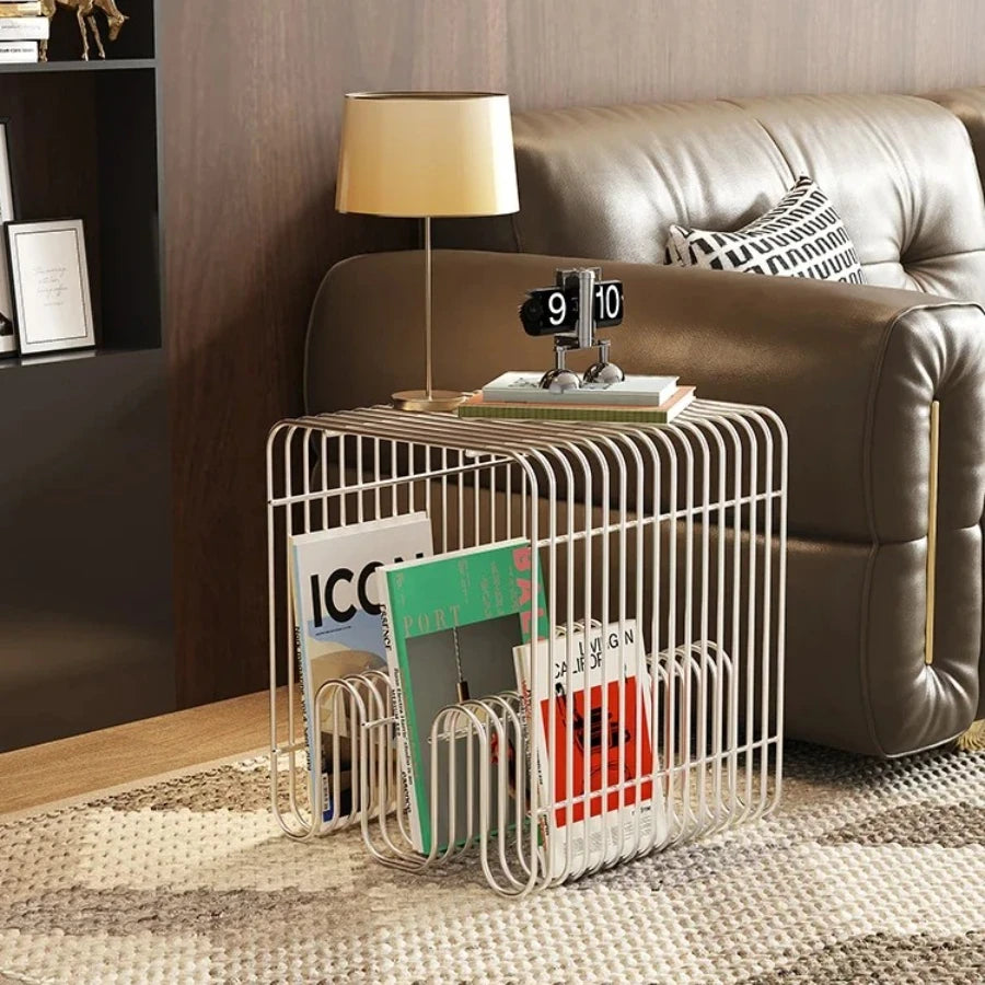Silver Modern Metal Coffee Table with Magazine Storage