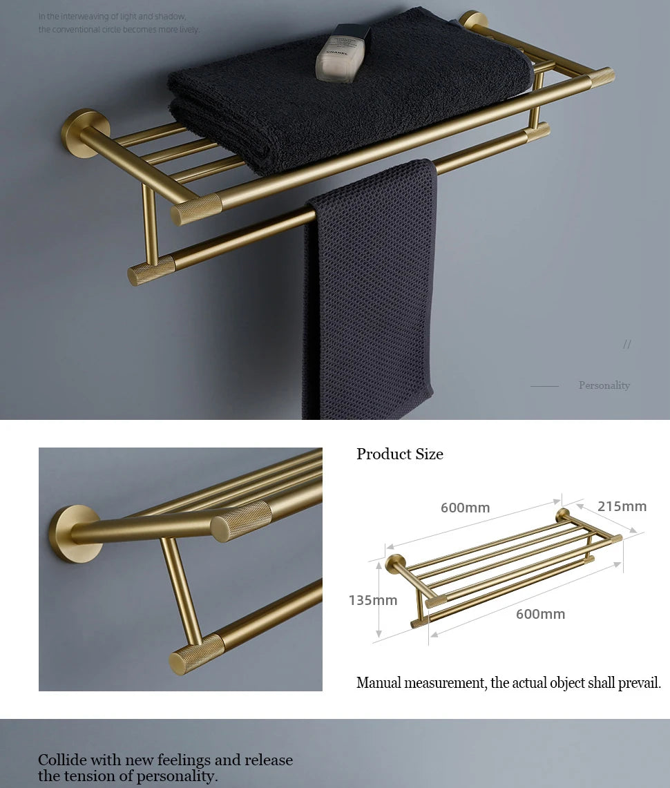 Gold Bathroom Accessories Set with Towel Bar and Hooks