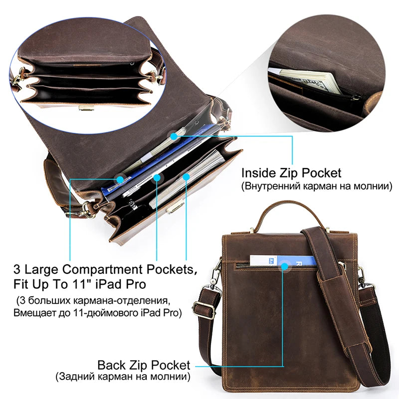Genuine Leather Shoulder Bag Male Handbag for Tablet