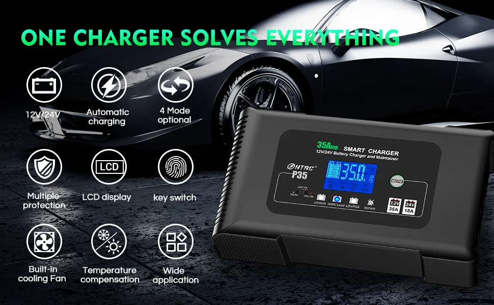 35A Smart Car Battery Charger 12V 24V LCD