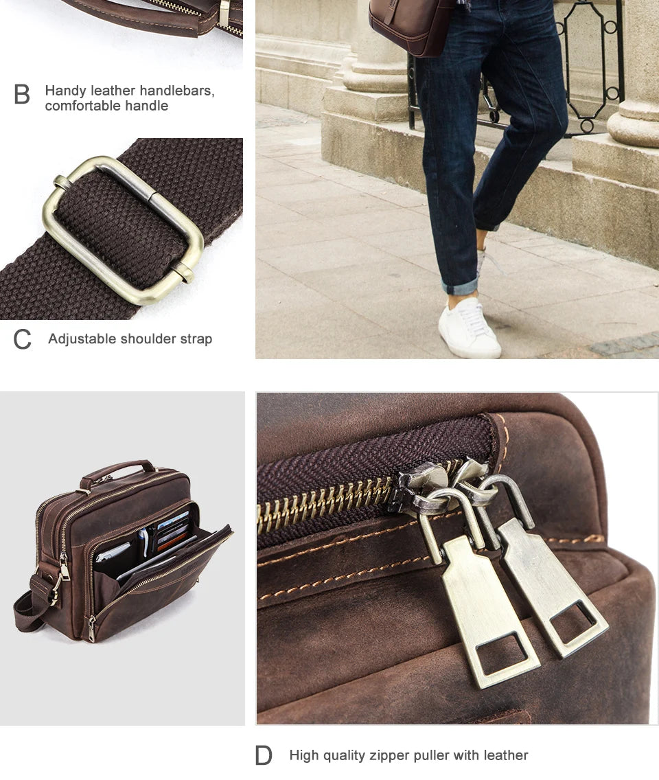 Men’s Black Leather Shoulder Bag with Adjustable Strap