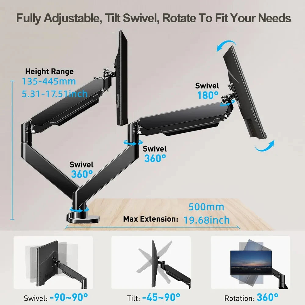 Black Dual Monitor Desk Mount Arm Adjustable to 32 Inches