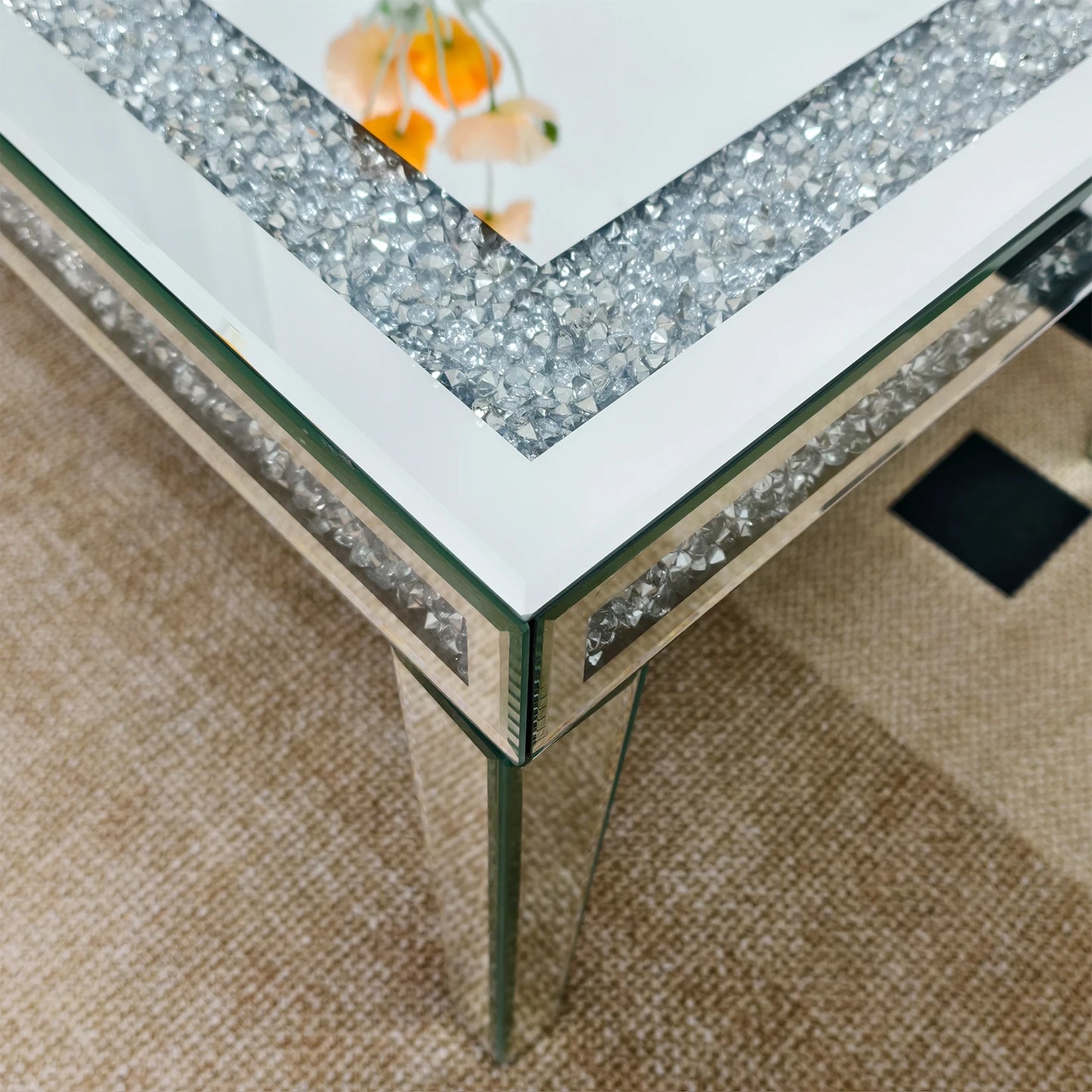 Modern Mirrored Coffee Table Crystal Inlay Silver Centre Table