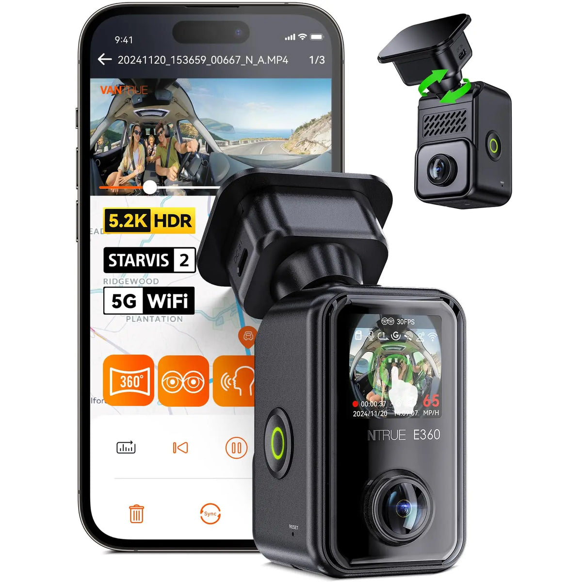 360° 5.2K Car Dash Camera with WiFi and 128GB