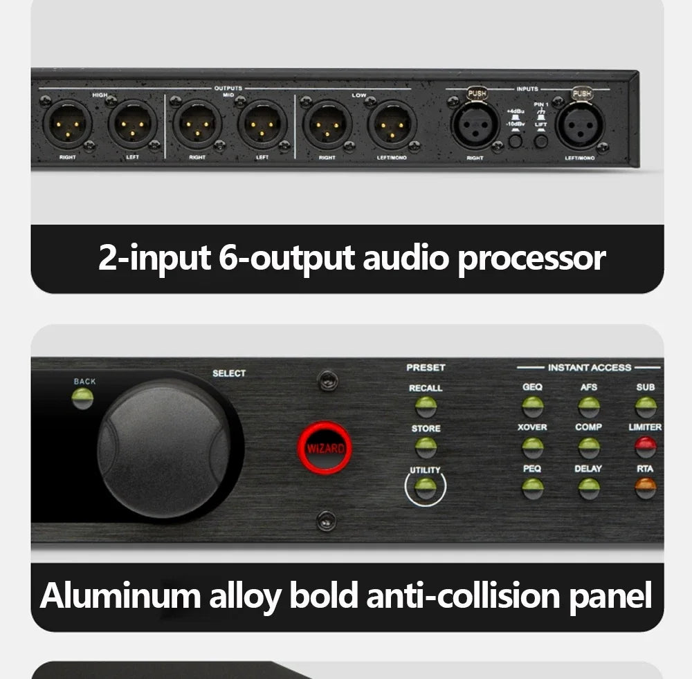 Professional Digital Audio Crossover Processor with Feedback Suppression