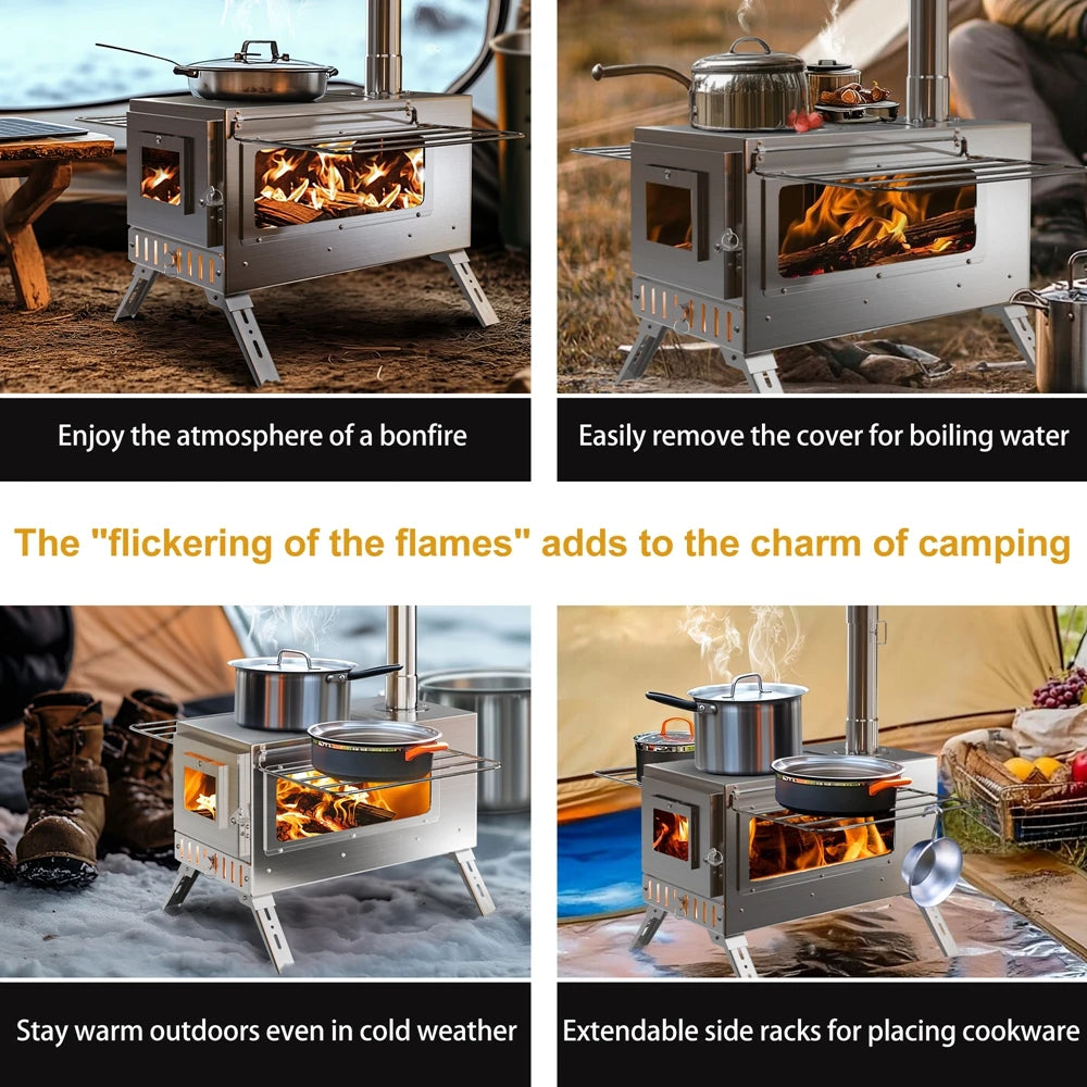 Outdoor Wood Burning Tent Stove with 7-Piece Chimney Set