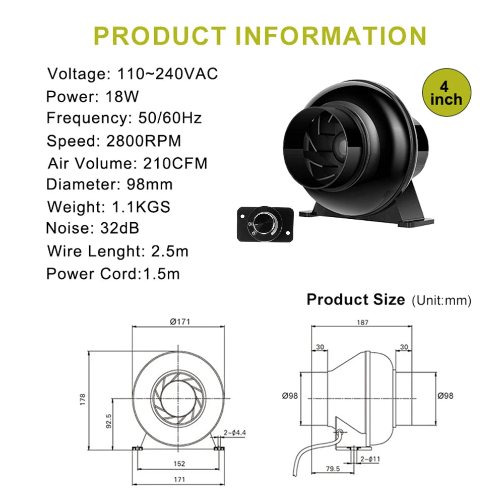 4 Inch Inline Duct Ventilation Fan with Speed Controller