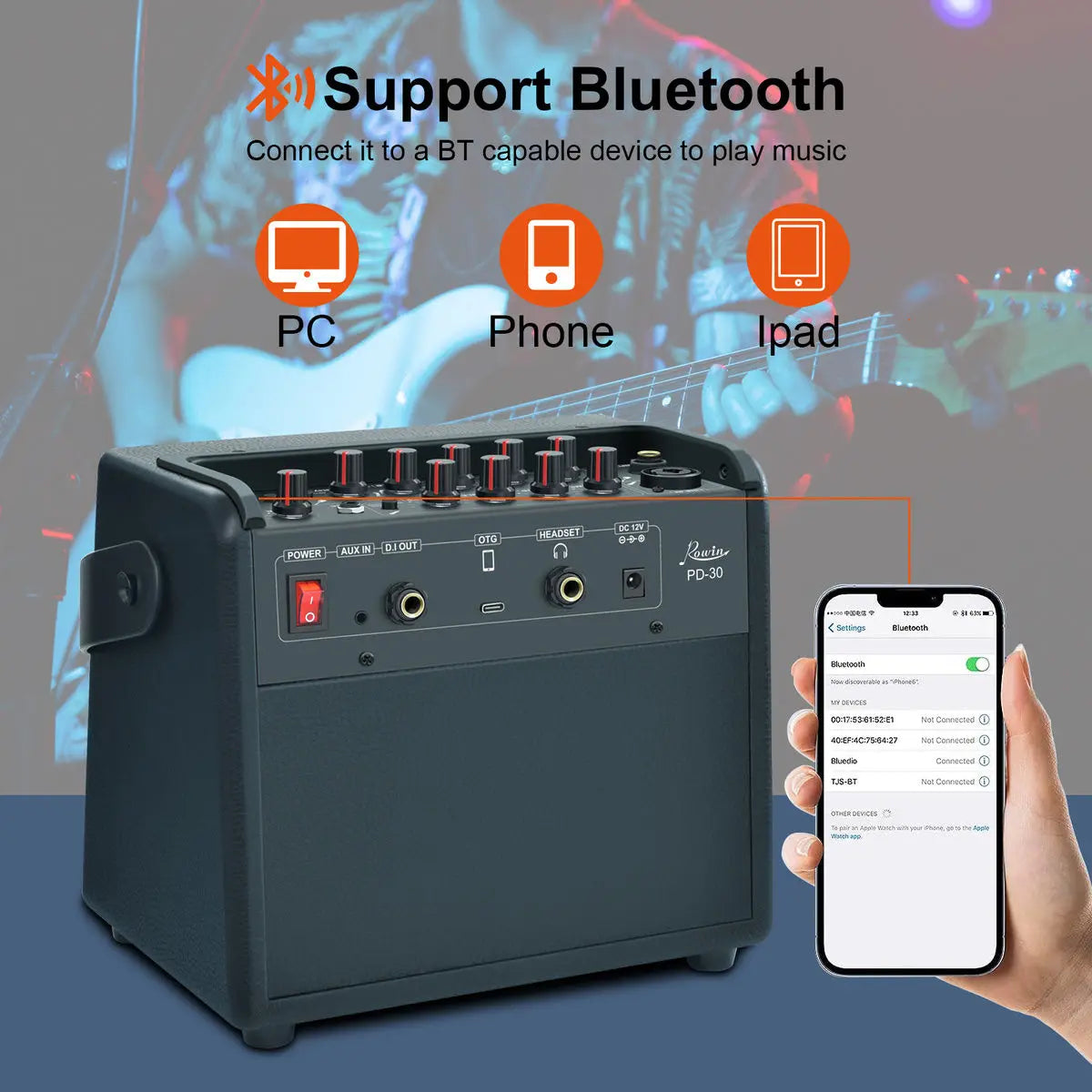30W Portable Bass Guitar Amplifier with Bluetooth and Multi Effects