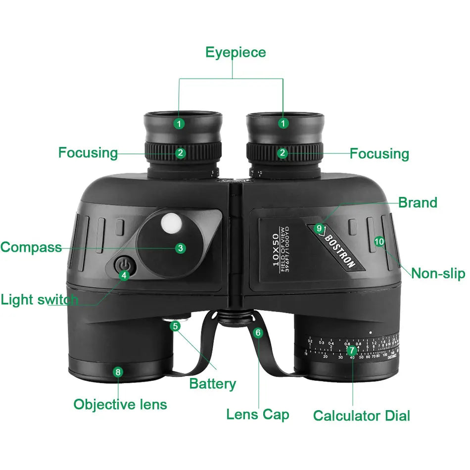 HD 10x50 Binoculars Waterproof Rangefinder Compass Black